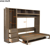 MERITLINE Full Horizontal Murphy Bed with 1 Wardrobe, 3 Drawers and 3 Open Shelves,Antique Wood Folding Murphy Wall Bed Cabinet MERITLINE