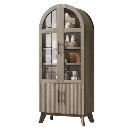 RNLRNL 71" Modern Fluted Display Cabinet with Glass Door, Arched Curio Cabinet with Adjustable Shelf, Bookcase for Collectibles Books, Storage Cabinet for Living Room, Dining Room, Grey RNLRNL