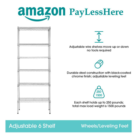 PayLessHere | 6-Tier Wire Shelf | 23"x13"x59" | Chrome | Adjustable Racks | Heavy-Duty Storage Shelves, Holds Upto 1500 lbs | Rust-Resistant, No-Tool Assembly | for Home, Garage Shelving PayLessHere