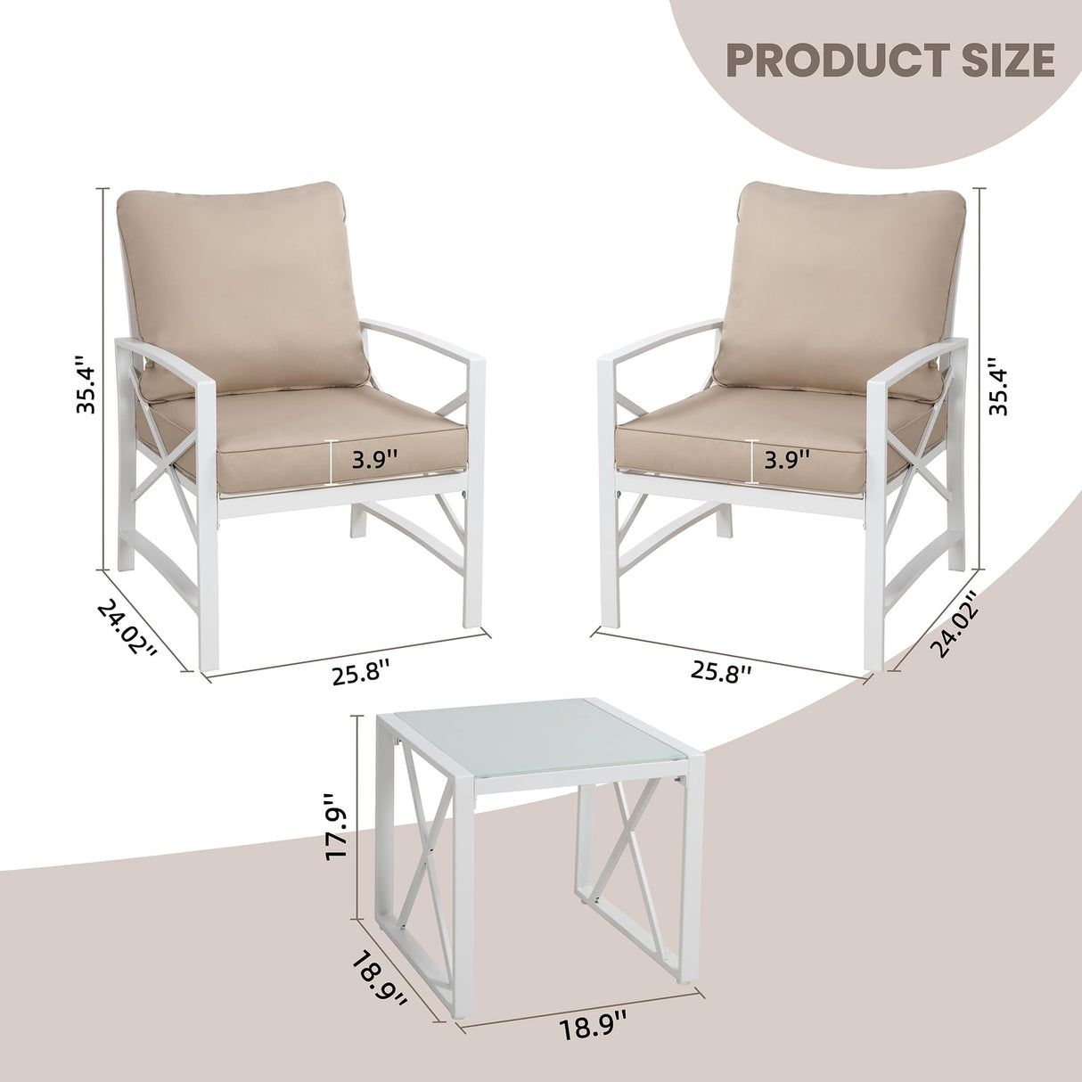 Shintenchi 3 Piece White Metal Outdoor Furniture Sectional Set, Modern Outdoor Metal Chair Conversation Furniture Set with Coffee Table for Patio,Backyard,Balcony (Khaki) Shintenchi