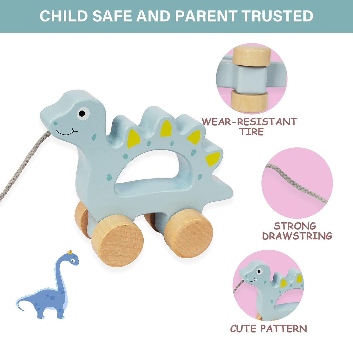 WoodenEdu Baby Toys Car,Wooden Pull Along Toddler Toy, Developmental Toy for 1 Year Old Girl Boy Birthday Gift (Dinosaur) WoodenEdu