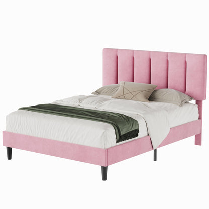 VECELO Full Bed Frame with Upholstered Headboard, Heavy-Duty Platform Bedframe with Strong Wooden Slats Support, No Boxing Spring Needed, Pink