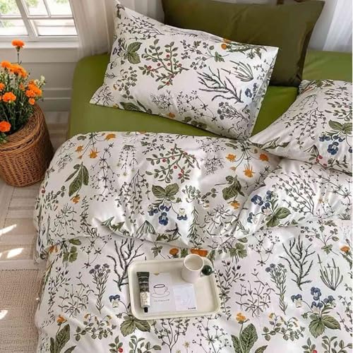 ETDIFFE Green Floral Queen Size Comforter Set, 3pc Flower Printed Soft Bedding Set, All Season Lightweight Botanical Pattern Bed Comforter, White ETDIFFE