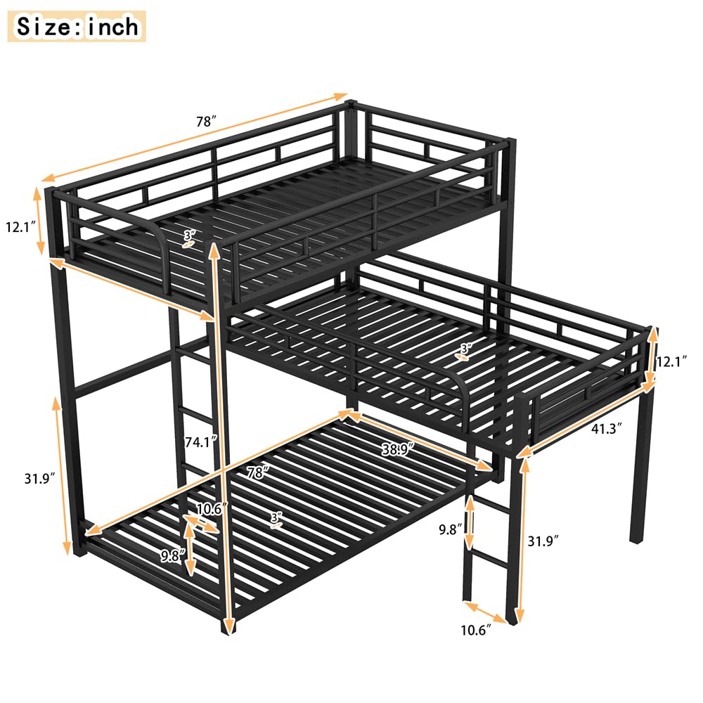 TURRIDU Heavy-Duty Triple Bunk Bed, Metal L-Shaped Bunk Bed for 3 Kids Adults with Built-in Ladder and Full-Length Guardrails, No Box Spring Needed & Space Saving Metal Triple Bunk Bed