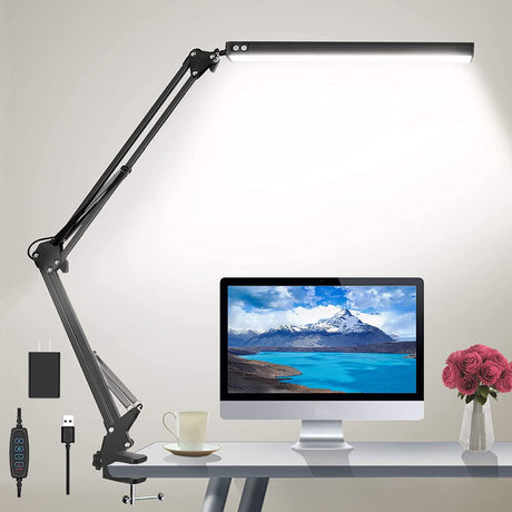 HaFundy LED Desk Lamp for Home,Office,Reading,Adjustable Eye-Caring Desk Light with Clamp,Swing Arm Lamp Includes 3 Color Modes,10 Brightness Levels Table Lamps with Memory Function HaFundy