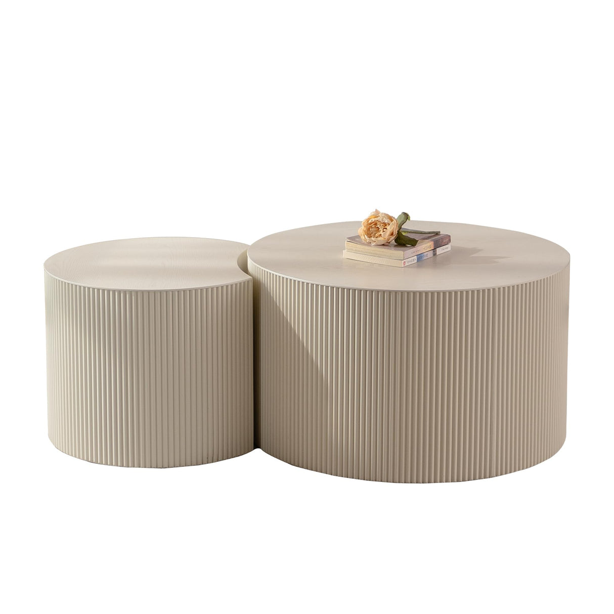 Round Nesting Coffee Table Set of 2, Modern Handcraft Wood Fluted Drum Circle Side Table Small Minimalist Unique Tea End Table for Living Room, No Assembly Required, 27.56" &19.69", Crescent Beige SLEERWAY