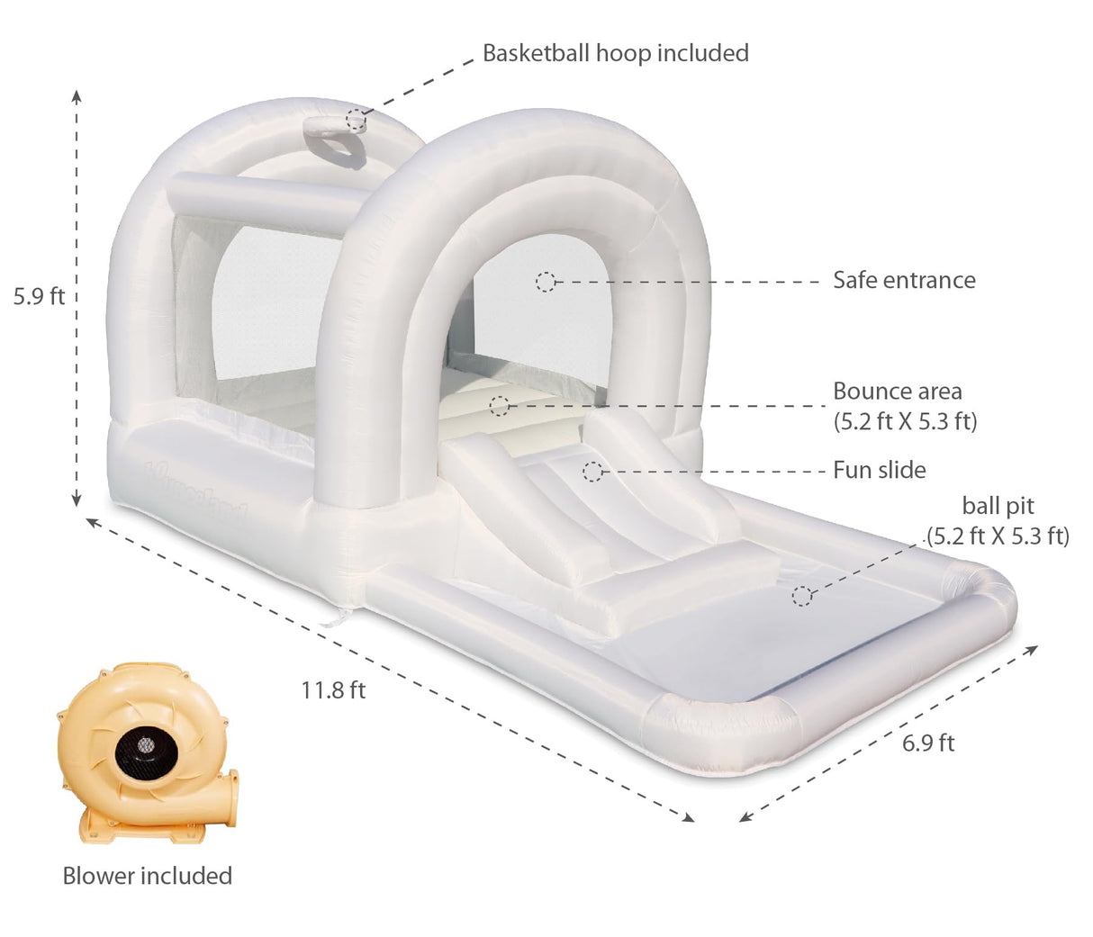 Bounceland Daydreamer Cloud Bounce House w/Ball Pit, Neutral Bouncer with Slide, 11.8 ft L x 6.9 ft W x 5.9 ft H, UL Blower Included, Basketball Hoop, 30 Pastel Plastic Balls, Trendy Bouncer for Kids Bounceland
