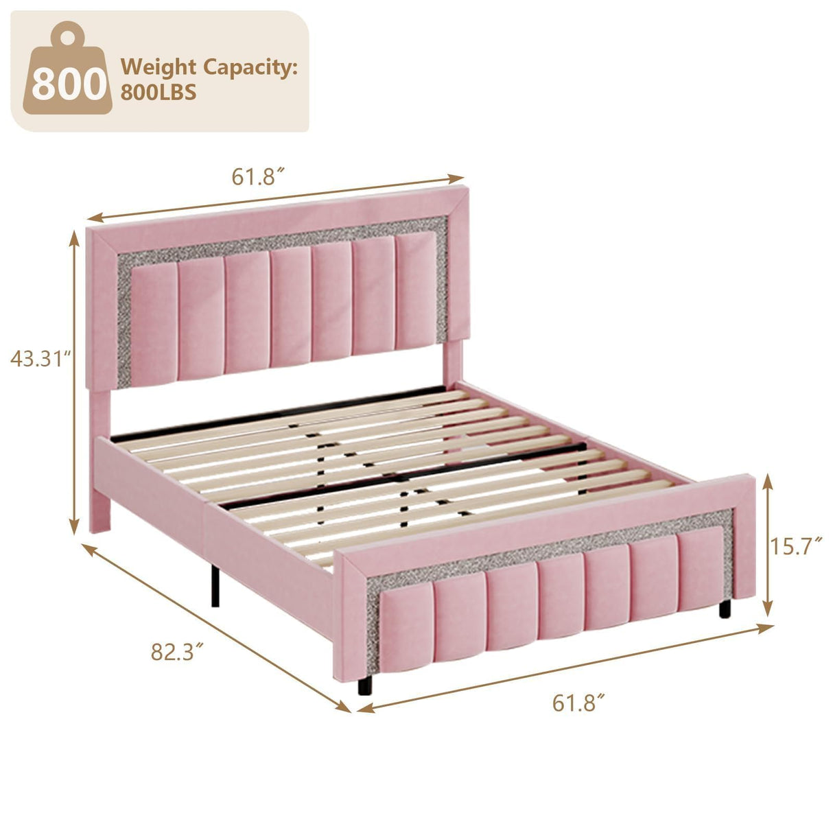 HOMBCK Queen Bed Frame, Pink Upholstered Bed Frame with Velvet Diamond Headboard, Soft Bed Frame, Vertical Channel Tufted Headboard and Footboard, No Box Spring Needed, Easy Assembly, Pink HOMBCK