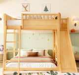 Bellemave Bunk beds Full Over Full with Slide and Stair and upholstered headboard, Low bunk/loft Bed for Kids，Natural Bellemave