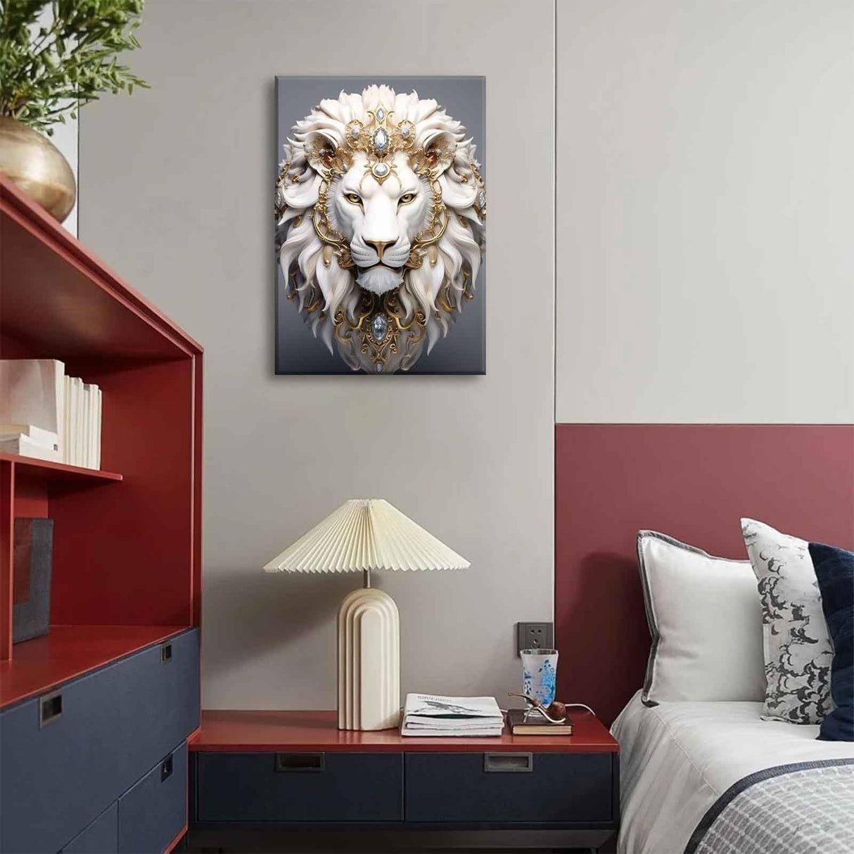 White Lion Canvas Wall Art Wild Animal Portraits Avatar Pictures Painting Decor Modern Large Gold Diamond Beast Posters Prints for Dining Living Room Bedroom Home Decoration Cremooy