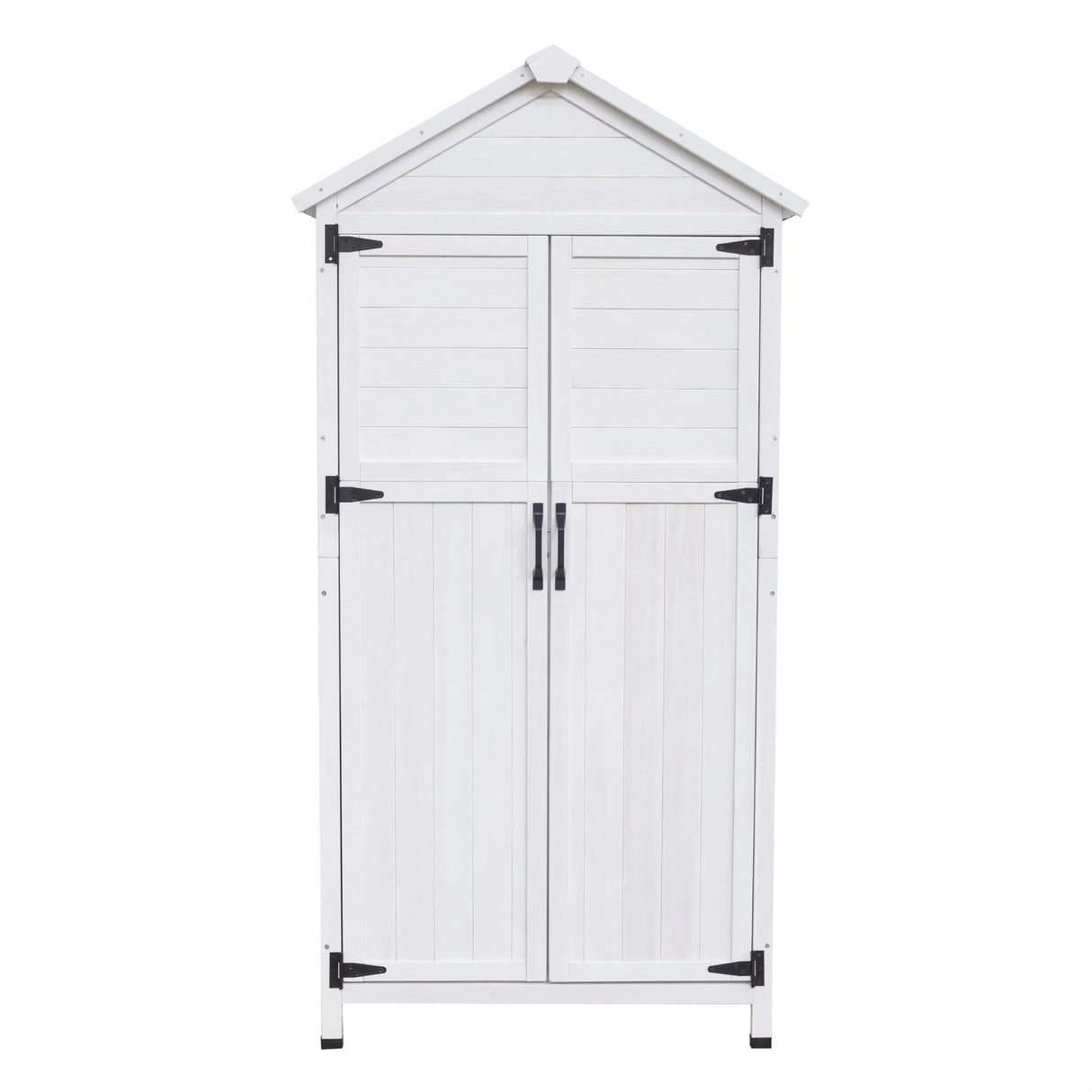 GDFStudio 67" Fir Wood Storage Shed 2 Doors Design Outdoor Tool Storage House Cabinet with Sloped Roof & 4 Interior Compartments for Garden Patio Backyard, White GDFStudio