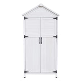 GDFStudio 67" Fir Wood Storage Shed 2 Doors Design Outdoor Tool Storage House Cabinet with Sloped Roof & 4 Interior Compartments for Garden Patio Backyard, White GDFStudio