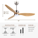 Ovlaim 52 Inch Solid Wood Ceiling Fans with Lights Remote Control, 6 Speed Quiet DC Motor 3 Blade Propeller Smart Ceiling Fan, Indoor Living Room Bedroom Ovlaim