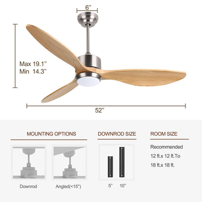 Ovlaim 52 Inch Solid Wood Ceiling Fans with Lights Remote Control, 6 Speed Quiet DC Motor 3 Blade Propeller Smart Ceiling Fan, Indoor Living Room Bedroom - WoodArtSupply