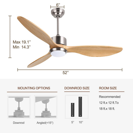Ovlaim 52 Inch Solid Wood Ceiling Fans with Lights Remote Control, 6 Speed Quiet DC Motor 3 Blade Propeller Smart Ceiling Fan, Indoor Living Room Bedroom Ovlaim