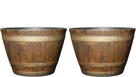 Classic Home and Garden Whiskey Plastic Resin Flower Pot Barrel Planter, 15", Oak Brown (2 Pack) Classic Home and Garden