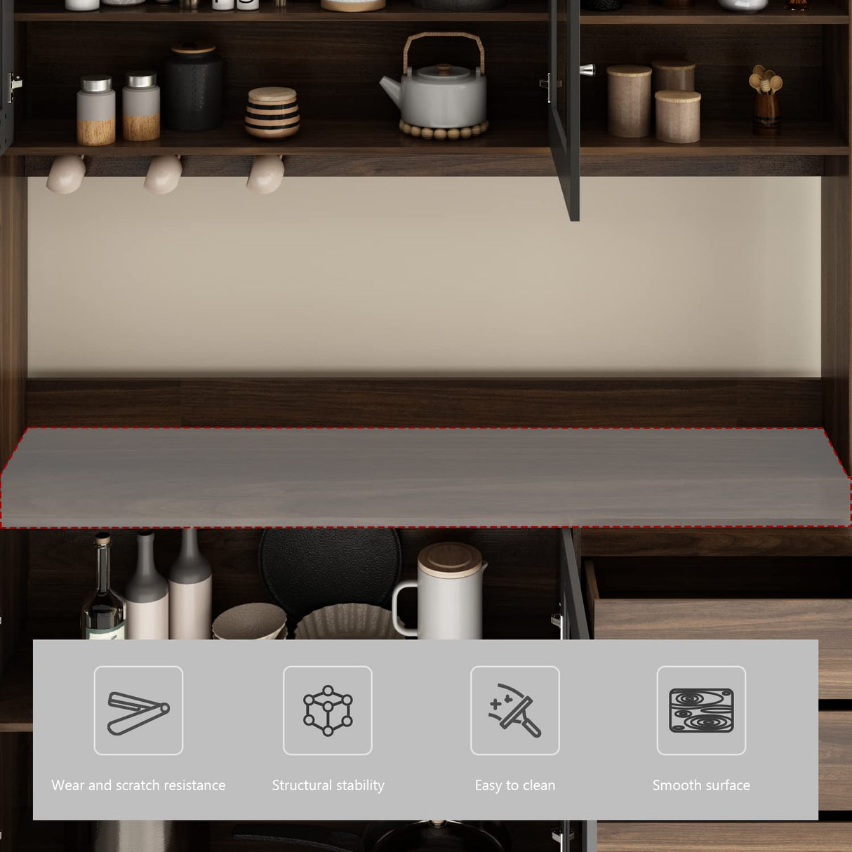 AGOTENI Large Kitchen Hutch Cabinet, Storage Cupboard Pantry with 4 Glass Doors, 4 Drawers & Microwave Shelf, for Kitchen Open Storage, Rustic Brown (63" W x 15.7" D x 74.8" H) AGOTENI