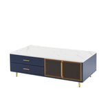 Modern Coffee Table with Glass Doors Storage, 47.2" Large Multi-Color Led Coffee Table with 4 Drawers and Gold Metal Legs, Wooden Rectangle Tea Table Center Table for Living Room, Navy Blue cloblane