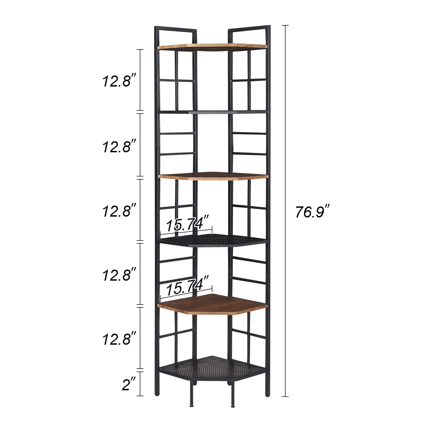 HOMISSUE 6-Tier Industrial Corner Shelf - Stylish Brown Bookshelf with Metal Frame and MDF Board for Home and Office Storage - WoodArtSupply