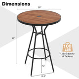 Tangkula 28” Outdoor Bar Table, Round Bar Height Table with Wood-Like Tabletop, Umbrella Hole & Footrest, Patio Bistro Table, High Top Table for Backyard, Garden & Deck Tangkula