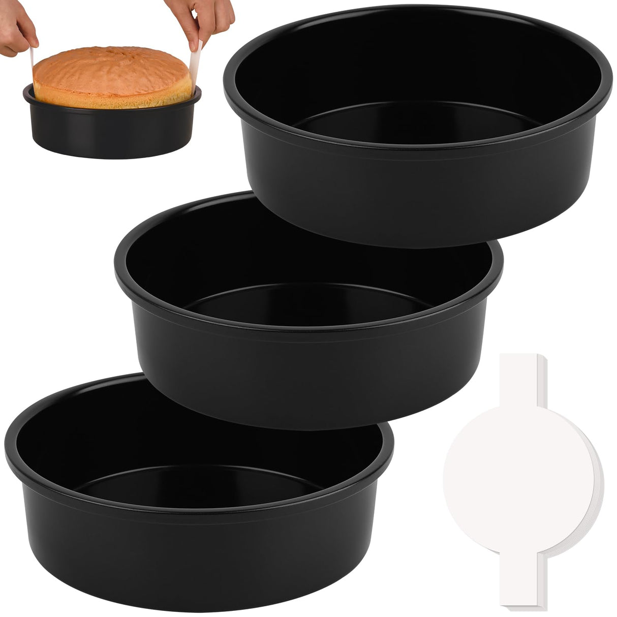HUAKENER 8 Inch Cake Pan - Set of 3 Round Cake Pans with 100 Pieces Parchment Paper, Non-stick Cake Baking Pans, Dishwasher Safe HUAKENER