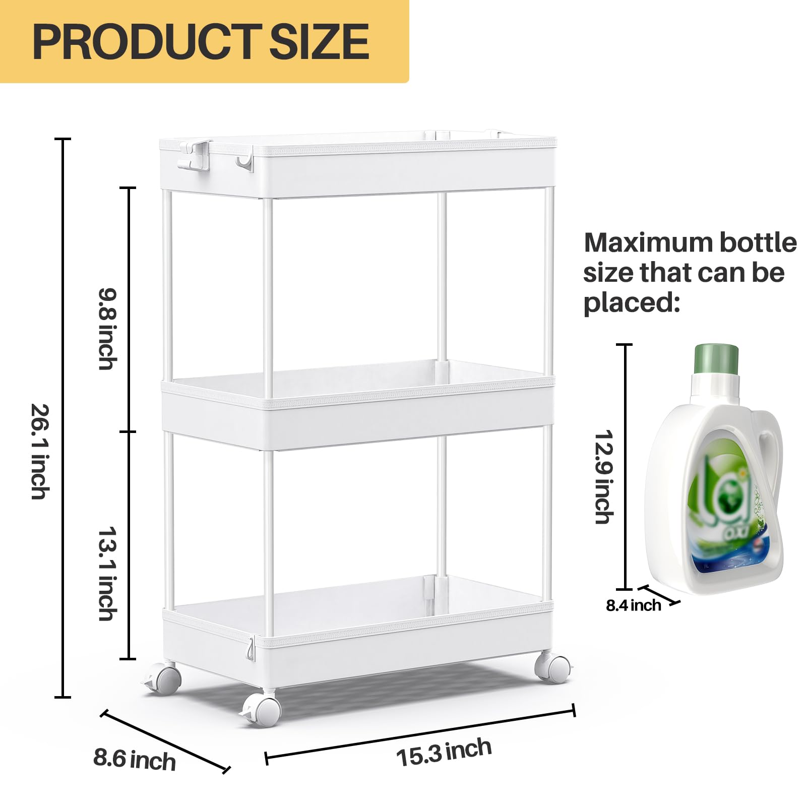 SPACEKEEPER Rolling Storage Cart 3 Tier, Bathroom Cart Organizer Laundry Room Organizer Utility Cart Mobile Shelving Unit Multi-Functional Shelves for Office, Kitchen, Bathroom, White - WoodArtSupply