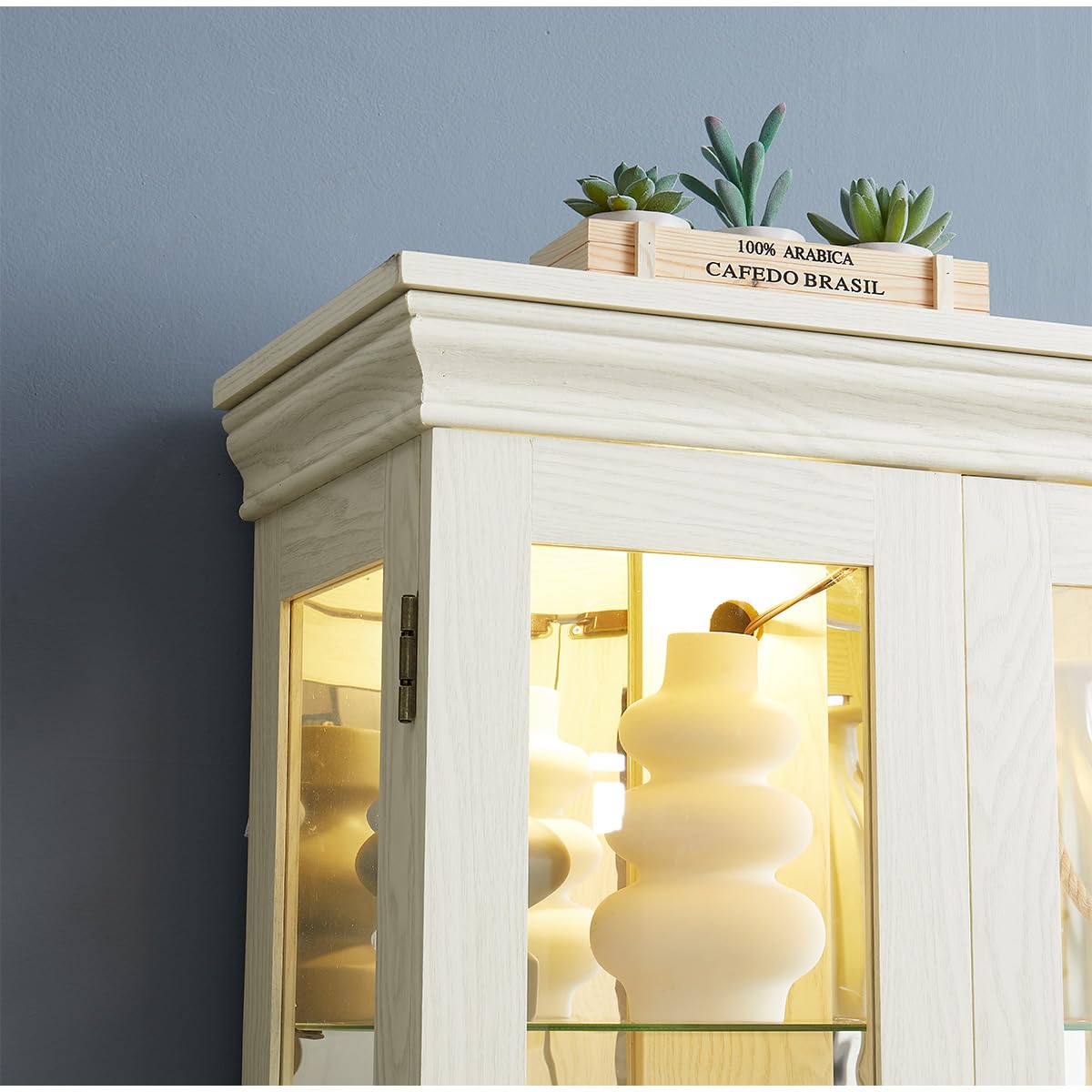 Lighted Glass Curio Cabinet with Lights & Adjustable Shelves,White Corner Curio Display Cabinet with Wood Frame (Free Standing,Light Bulb Include) YiaFurio