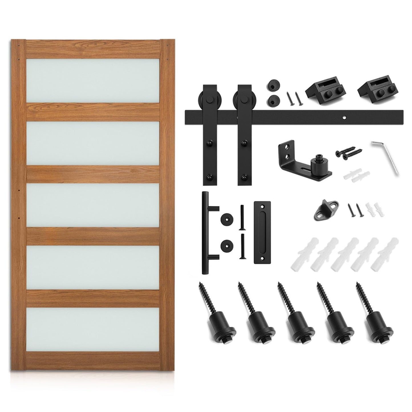 SmartStandard 36 x 84 in Glass Barn Door with 6.6FT Sliding Hardware Kit & Handle, Pre-Drilled Ready to Assemble, Waterproof PVC Coating, Classic Oak, 5-Panel Glass - WoodArtSupply