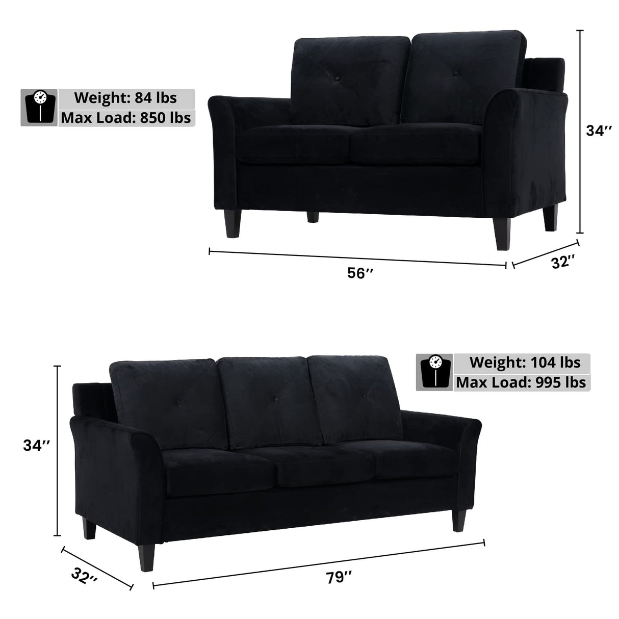 Naomi Home Black Button Tufted Sofa & Loveseat Set, Black Modern Microfiber Furniture for Small Spaces, Durable and Sturdy, Tool-Free Assembly, Affordable Living Room Sofa Cama, Stylish and Compact Naomi Home