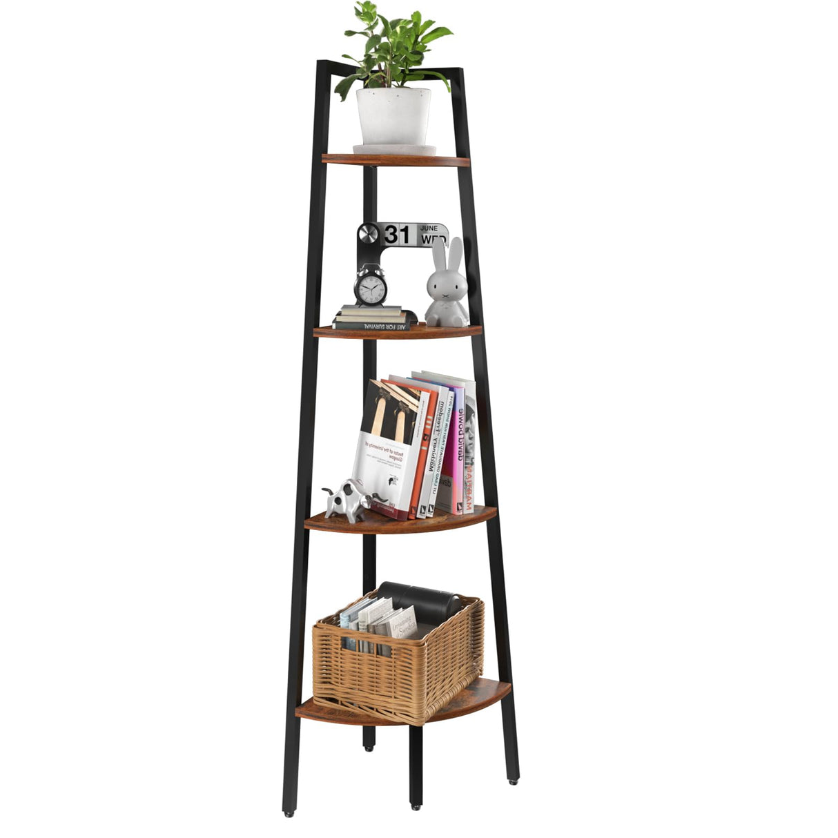 Yoobure 4-Tier Corner Bookshelf with Metal Frame - Ladder Display Shelf for Bedroom and Living Room, Tall Wood Corner Bookcase and Plant Stand Yoobure