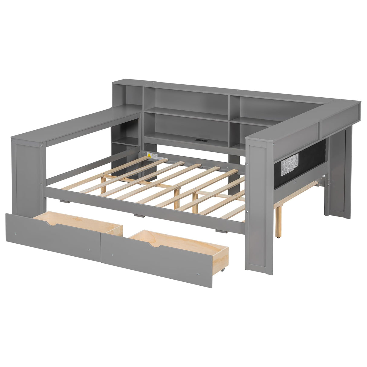 Full Size Corner Bed Frame with Storage Drawers and Desk,Captain Daybed with L-Shaped Bookcase and LED Lights,Corner Bed Full Size with Charging Station for Kids,Teens,Adults,Gray Bellemave