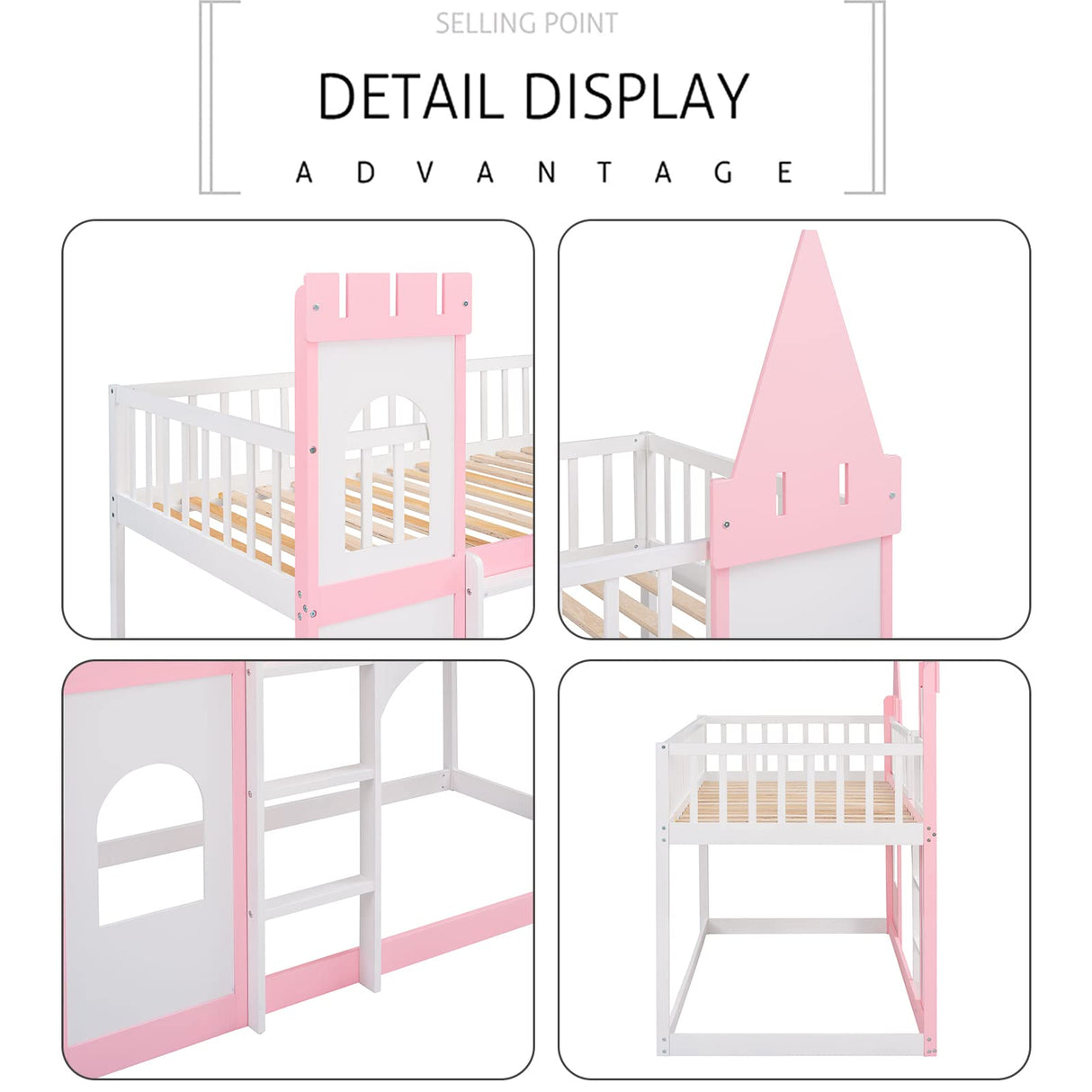 Harper & Bright Designs Twin Over Twin Kids Bunk Bed, Twin Loft Bed with Castle Shape Design, Wooden Floor Bunk Beds for Girls Boys Bedroom Dorm, Pink Harper & Bright Designs
