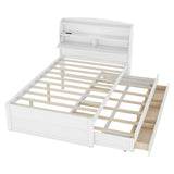 MERITLINE LED Platform Bed with Trundle, Drawers, and Bookcase Headboard - White Full Size Frame with USB Ports MERITLINE