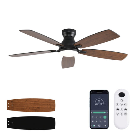JSAITEE Ceiling Fans with Lights, 52 Inch Low Profile Ceiling Fan with Light and Remote Control, Flush Mount, DC Reversible Motor, Noiseless, Brown 6 Speeds Ceiling Fan for Bedroom JSAITEE