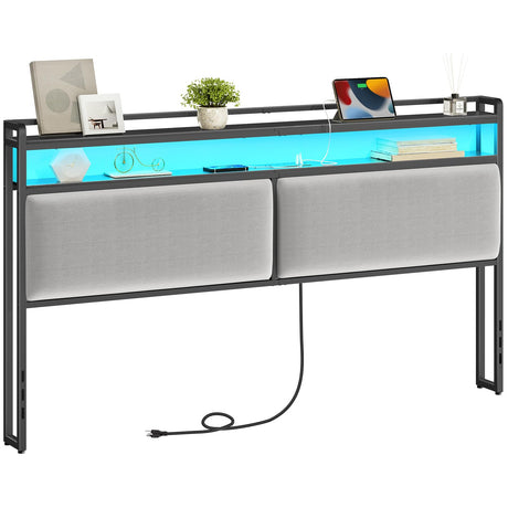 HOOBRO King Size Upholstered Headboard, Storage Headboard with Charging Station and Adjustable LED Lights, 2 Standard Outlets and 2 USB Ports, King Headboard Only, Easy Assembly, Black and Gray HOOBRO