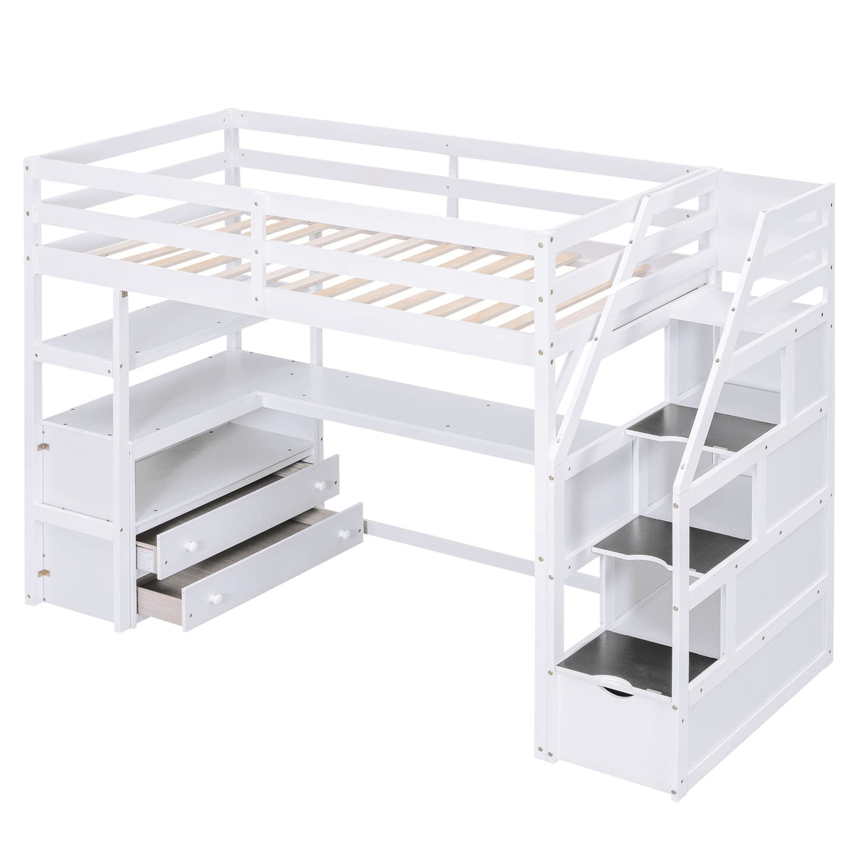 Merax Twin Loft Bed with Stairs and Desk, Solid Wood Loft Bed with Storage Stairs, Stairway High Loft Bed Frame with Storage Steps for Kids Teens Juniors, White Merax