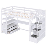Merax Twin Loft Bed with Stairs and Desk, Solid Wood Loft Bed with Storage Stairs, Stairway High Loft Bed Frame with Storage Steps for Kids Teens Juniors, White Merax