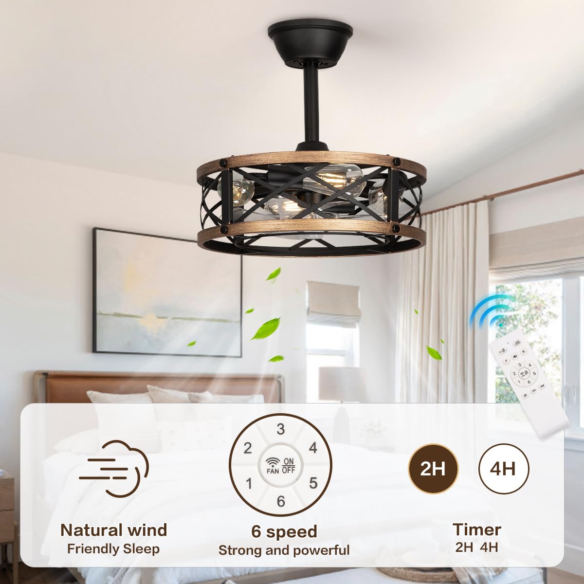 SabvioZh 16.5" Farmhouse Caged Fandelier Ceiling Fan with Light, Rustic Bladeless Small Ceiling Fans with Lights and Remote, Modern Enclosed Ceiling Fan with Light for Kitchen, Bedroom, Small Room SabvioZh