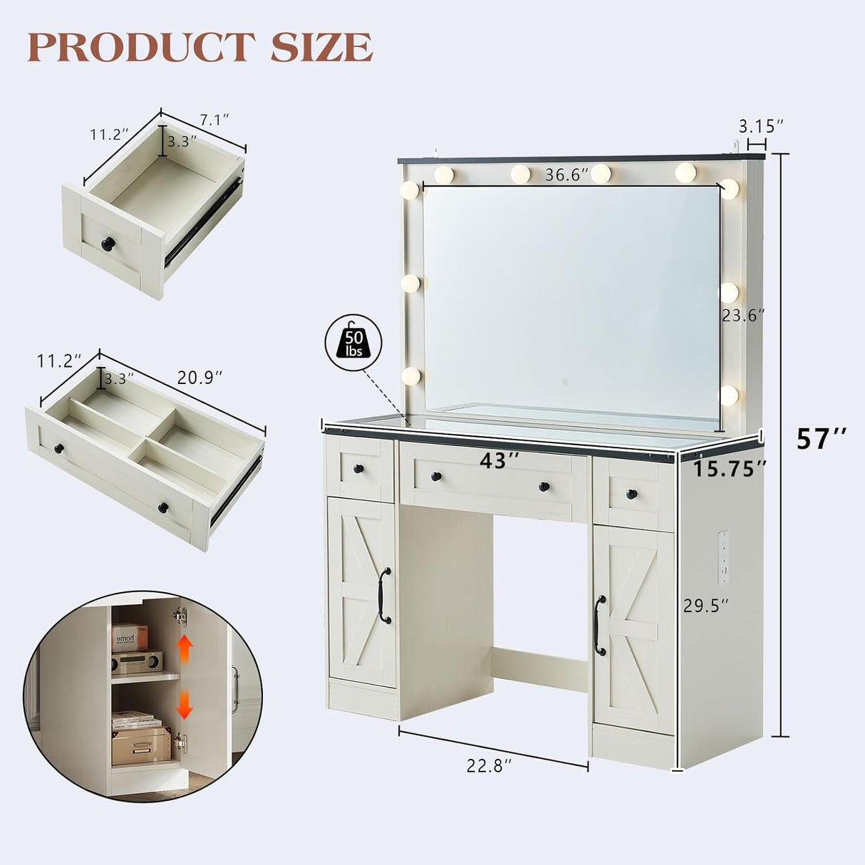 LUXOAK 43" Farmhouse Makeup Vanity Desk with Mirror, Lights, Power Outlet, Glass top Vanity with Storage Drawers & Adjustable Shelves, Hollywood Vanity for Bedroom, Girls, Womens, White LUXOAK