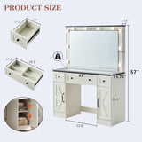 LUXOAK 43" Farmhouse Makeup Vanity Desk with Mirror, Lights, Power Outlet, Glass top Vanity with Storage Drawers & Adjustable Shelves, Hollywood Vanity for Bedroom, Girls, Womens, White LUXOAK