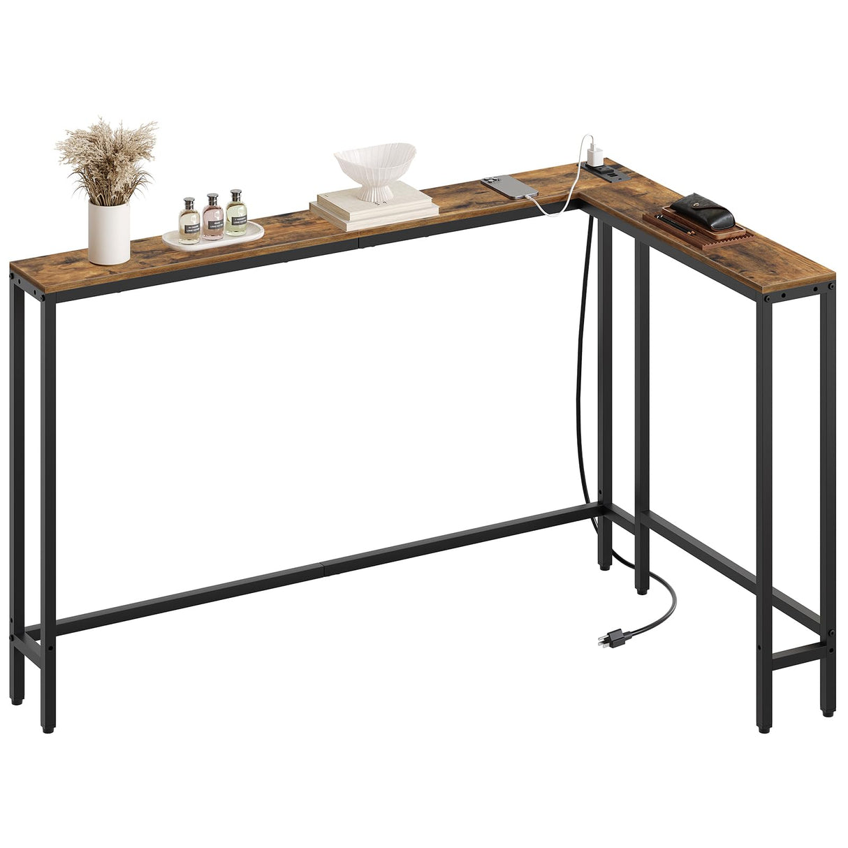 YATINEY L Shaped Console Table, 5.9" Long Narrow Sofa Table, Behind Couch Table, Entryway Table with 2 Outlets and 2 USB Ports, for Living Room, Hallway, 3 Assembly Options, Rustic Brown CT07UBR YATINEY