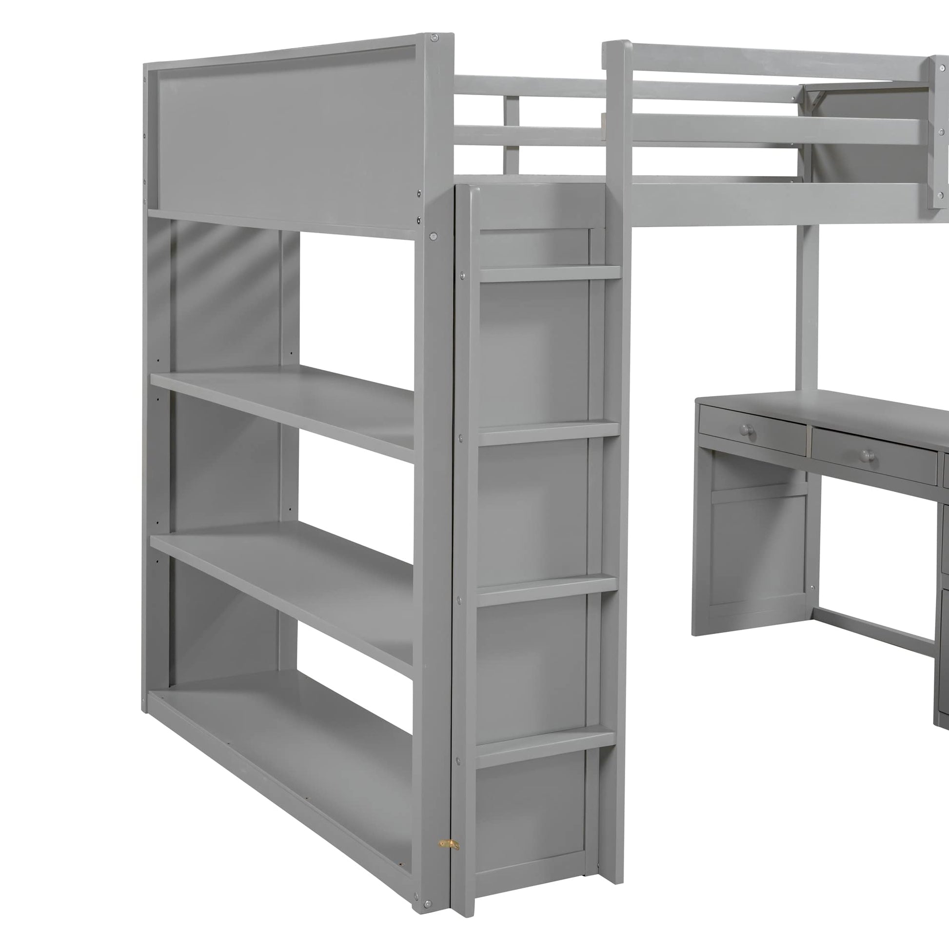 CITYLIGHT Grey Full Loft Bed with Desk, Shelves, and Storage Drawers for Kids - WoodArtSupply