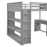 High Loft Bed, Full Bed Frame with Ladder, Shelves and Desk, No Box Spring Needed, Gray Merax