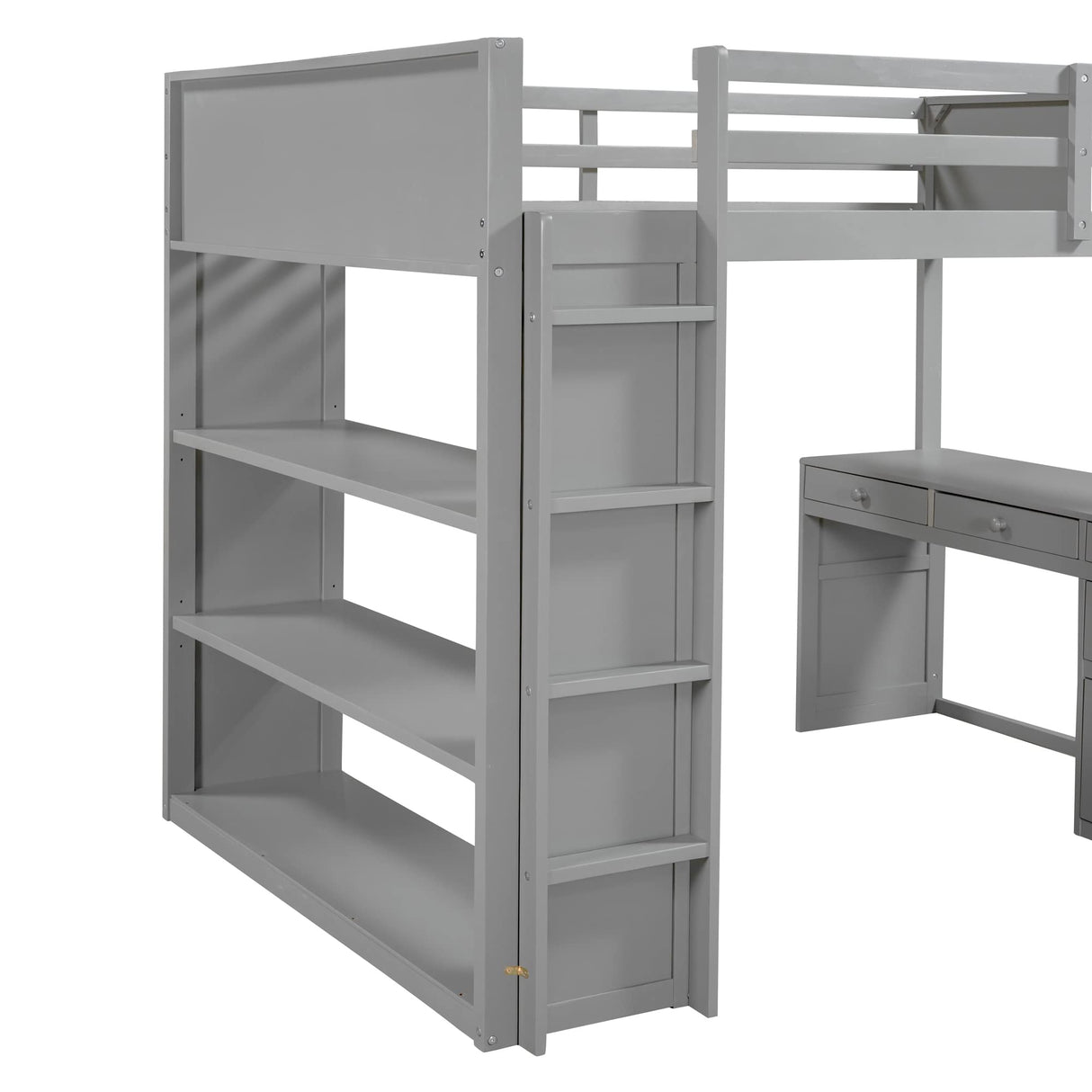 Full Loft Bed with Desk and Storage Bookcase Shelves,Solid Wood Loft Bed Frame with Storage Drawers and Built-in Ladders,Muti-functional High Loft Bed for Kids Boys Girls Teens(Grey) Harper & Bright Designs