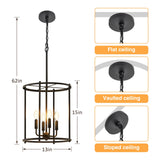 Luvkczc 4-Light Black Chandelier, Industrial Black Lantern Ceiling Light Fixtures with Rustic Metal Cage Adjustable Height Farmhouse Geometric Hanging Light for Kitchen Island, Dining Room, Entryway Luvkczc