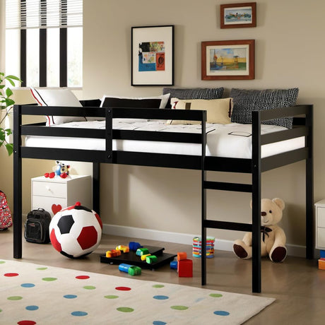 PVWIIK Loft Bed/Twin Size with Under The Bed Storage and Ladder for Kids/Boy/Girl Bedroom,Wooden Bedframe with Slats Support & Easy to Assemble,No Box Spring Needed,Black PVWIIK