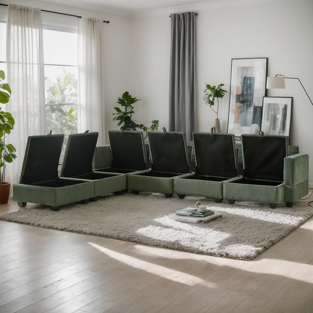 KEIKI 113.5" Modular Sectiona Corduroy Sofa Storage Ottoman, 6 Seat Sectional U Shaped Couches for Living Room Bedroom Office Apartment, Green KEIKI
