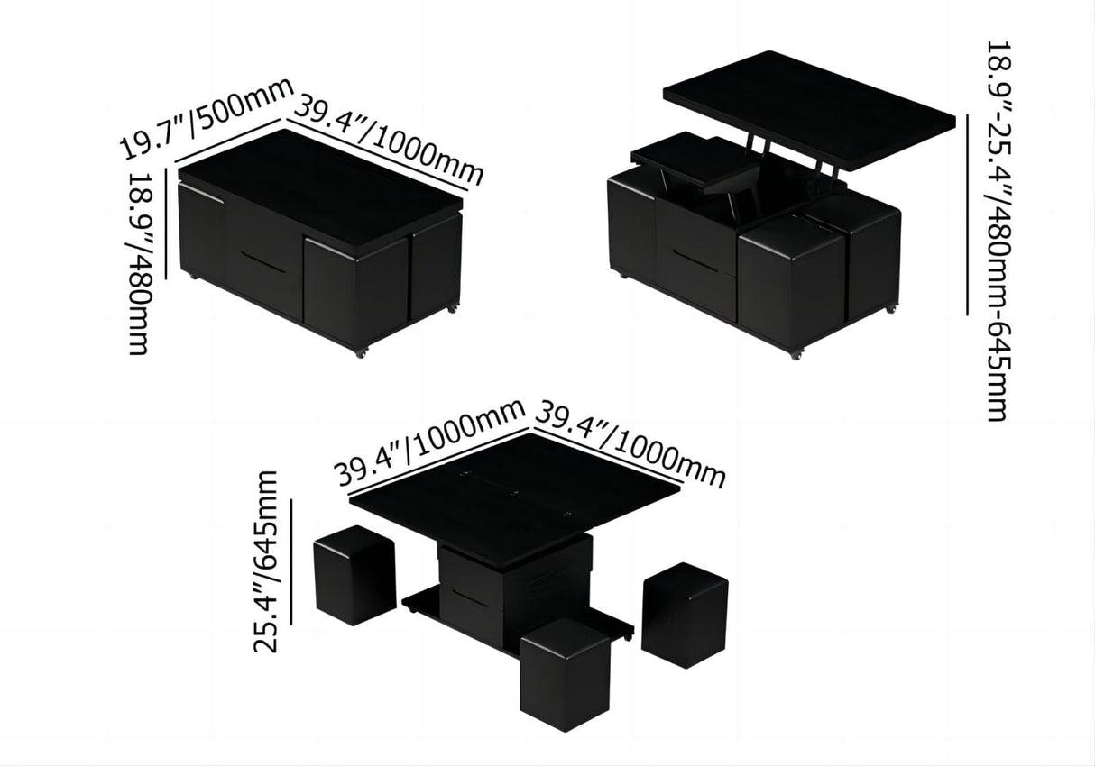 homary Black Lift-Top Coffee Table with Hidden Storage, Multifunctional 3-in-1 Modern Coffee Table with 4 Stools and Lockable Wheels for Living Room (Black) homary