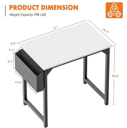 Sweetcrispy Computer Desk - 32 Inch Small Office Writing Work Study Kids Student Teacher Home Bedroom Table Storage Bag Headphone Hooks & no Wheels - White - WoodArtSupply