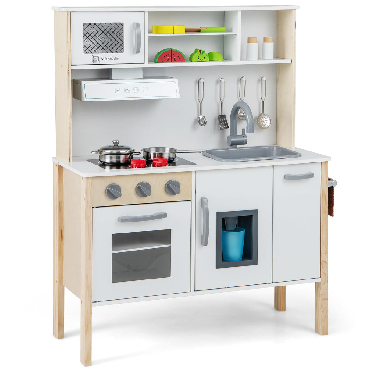 HONEY JOY Kids Kitchen Playset, Wooden Play Kitchen for Toddlers, Microwave, Range Hood, Ice Maker, 18 Cooking Accessories, Little Chef Pretend Play Toy Kitchen Set, Gift for Boys Girls, Natural HONEY JOY